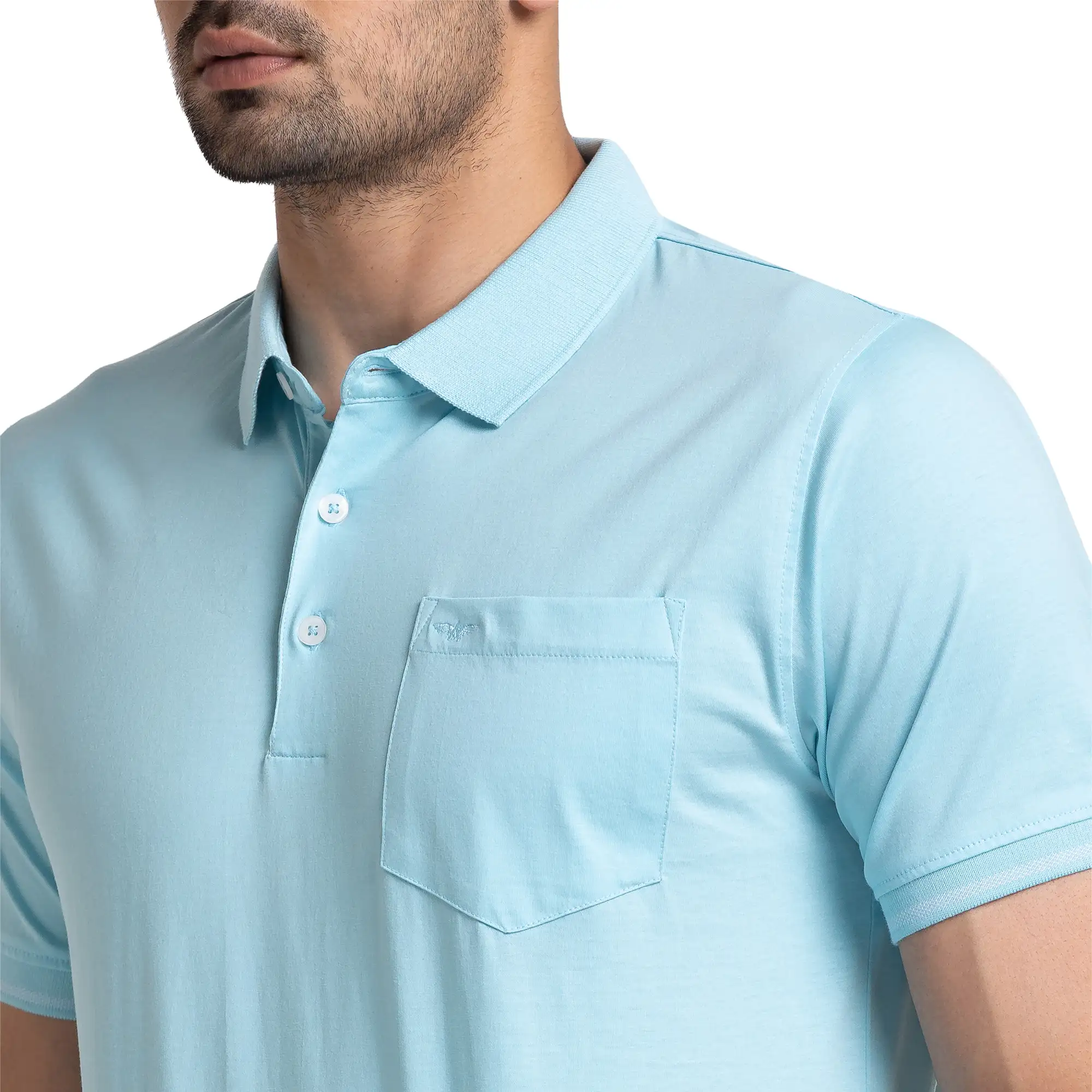 Men Blue Slim Fit Solid Cotton Round Neck Collar Polo T-Shirt - Image 6