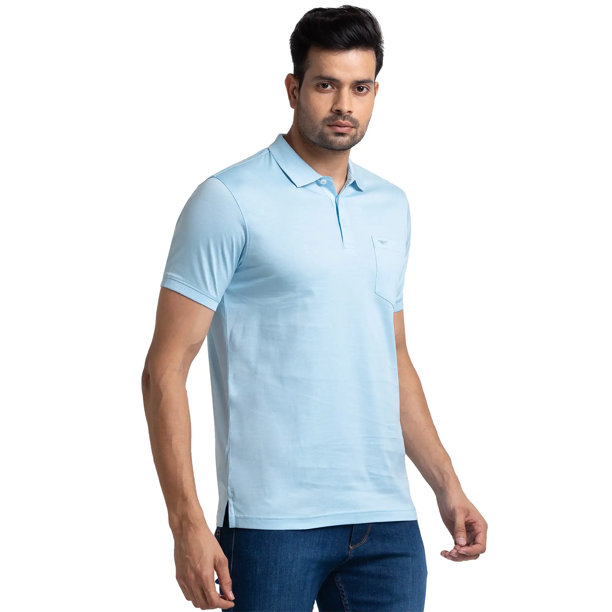 Men Blue Slim Fit Solid Cotton Round Neck Collar Polo T-Shirt - Image 2