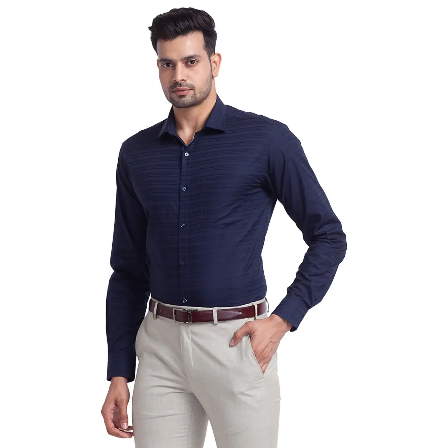 Men Blue Slim Fit Solid Cotton Shirts - Image 3