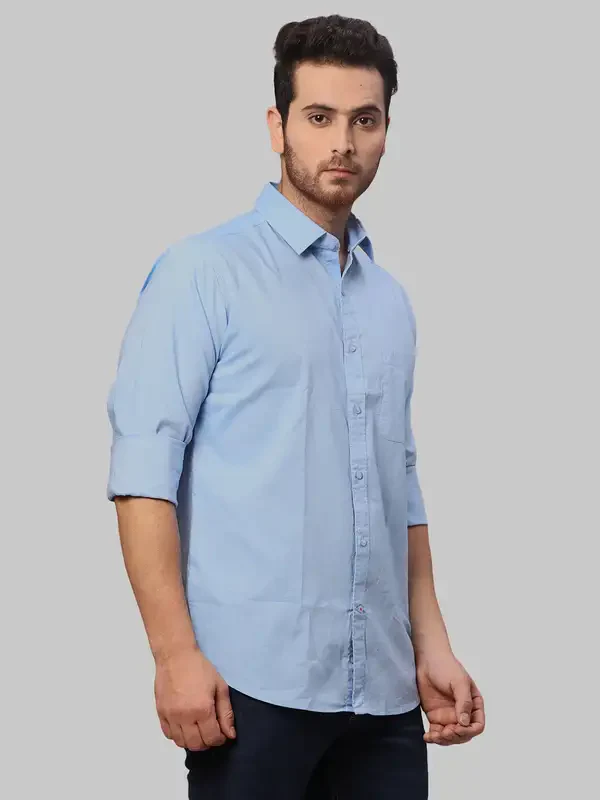 Men Blue Slim Fit Solid Cotton Shirts - Image 2