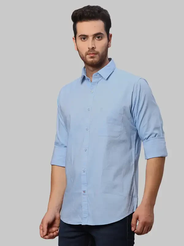 Men Blue Slim Fit Solid Cotton Shirts - Image 3