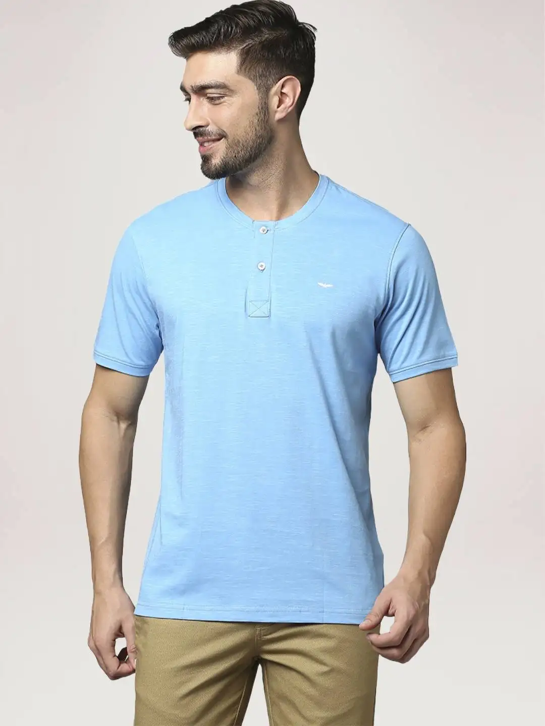 Men Blue Slim Fit Solid Cotton T-Shirt - Image 4