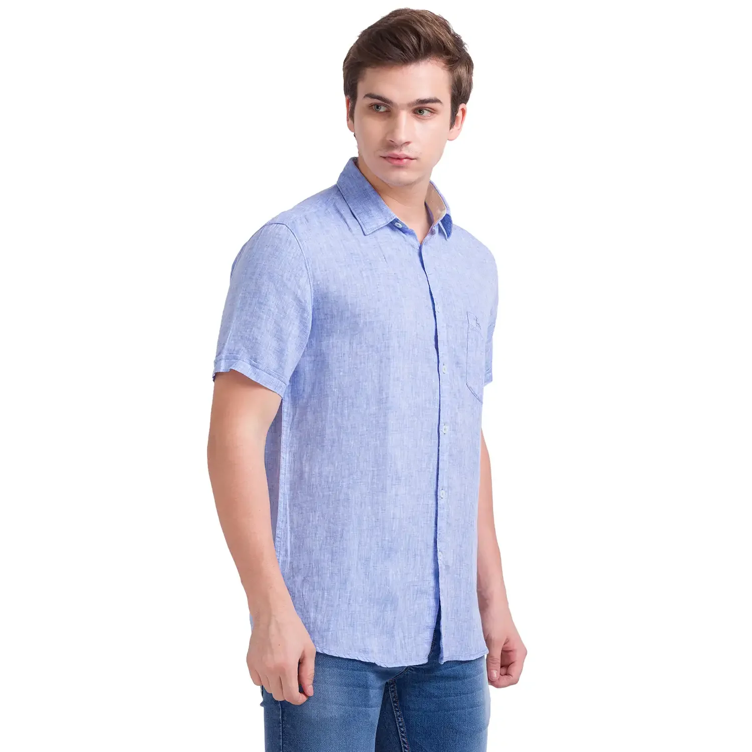 Men Blue Slim Fit Solid Linen Half Sleeve Shirts - Image 2