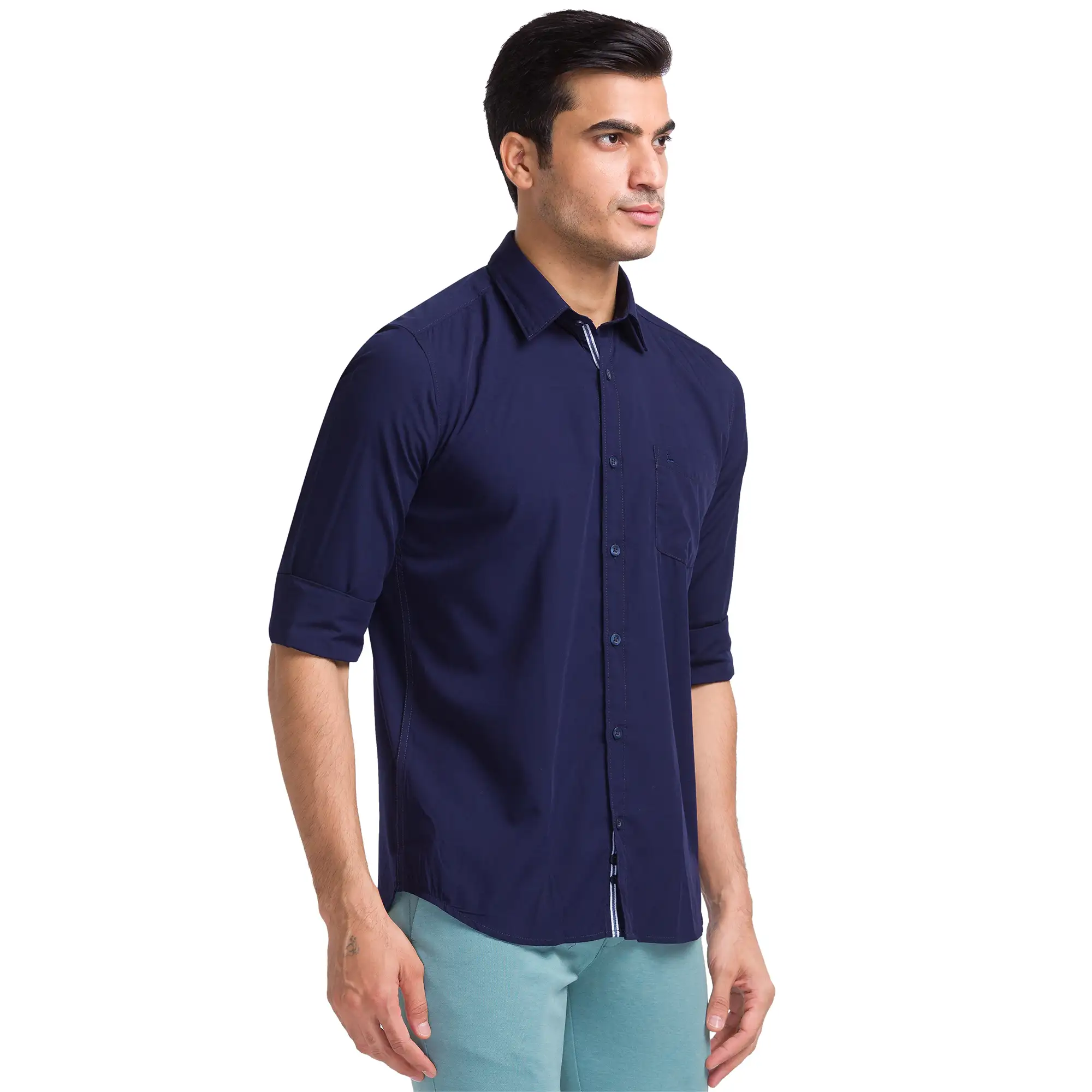 Men Blue Slim Fit Solid Polyester Blend Full Sleeve Shirts - Image 2