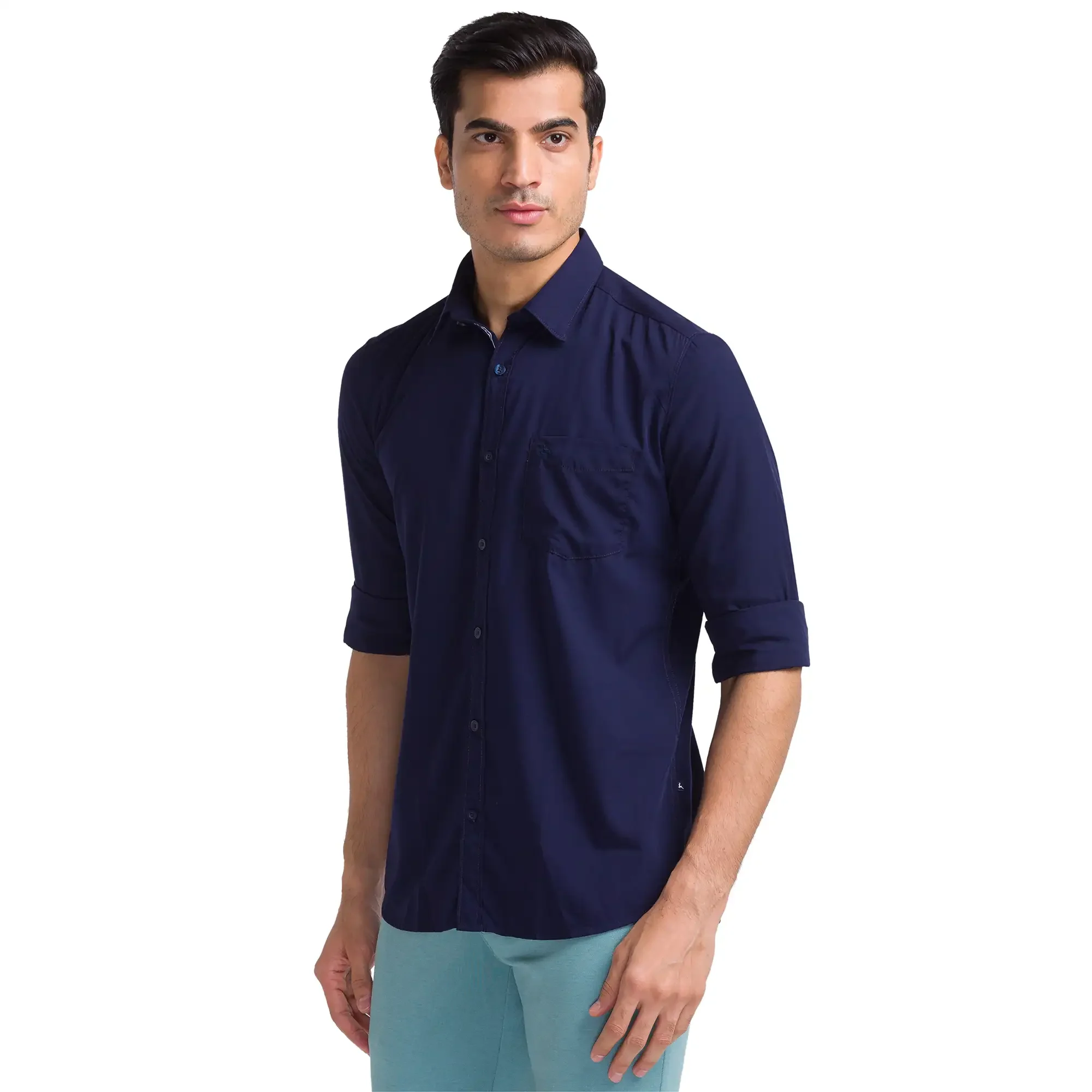 Men Blue Slim Fit Solid Polyester Blend Full Sleeve Shirts - Image 3