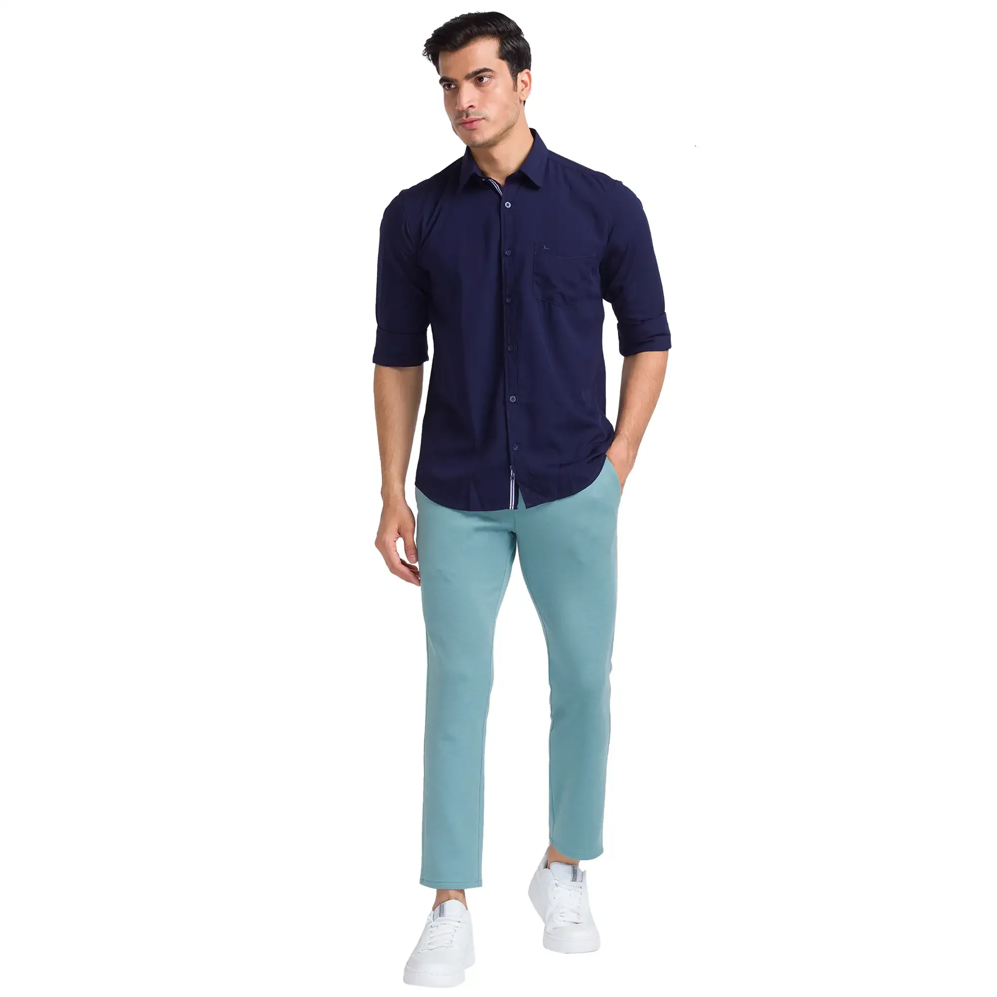 Men Blue Slim Fit Solid Polyester Blend Full Sleeve Shirts - Image 5