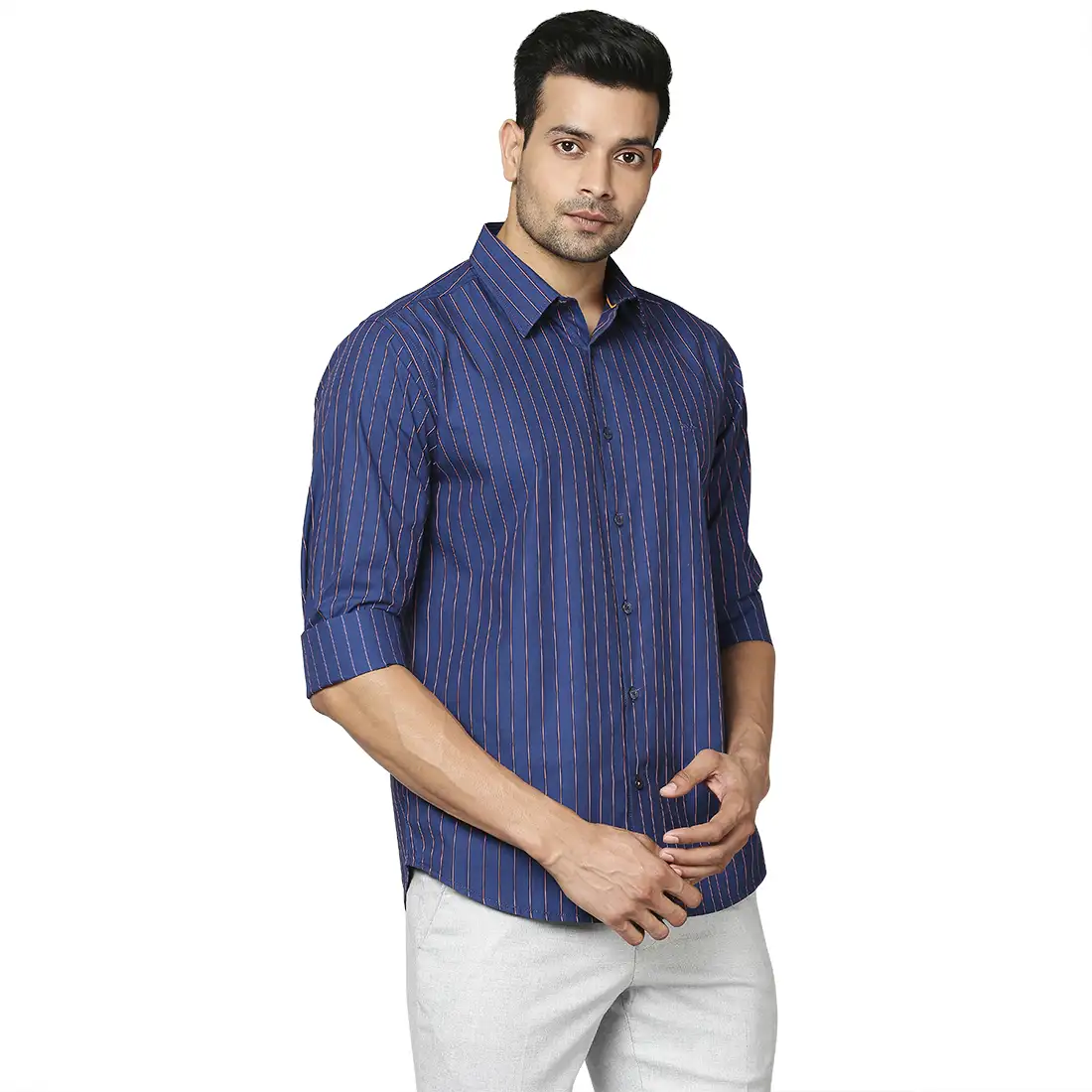 Men Blue Slim Fit Stripe Cotton Blend Ainsley Collr Shirts - Image 2
