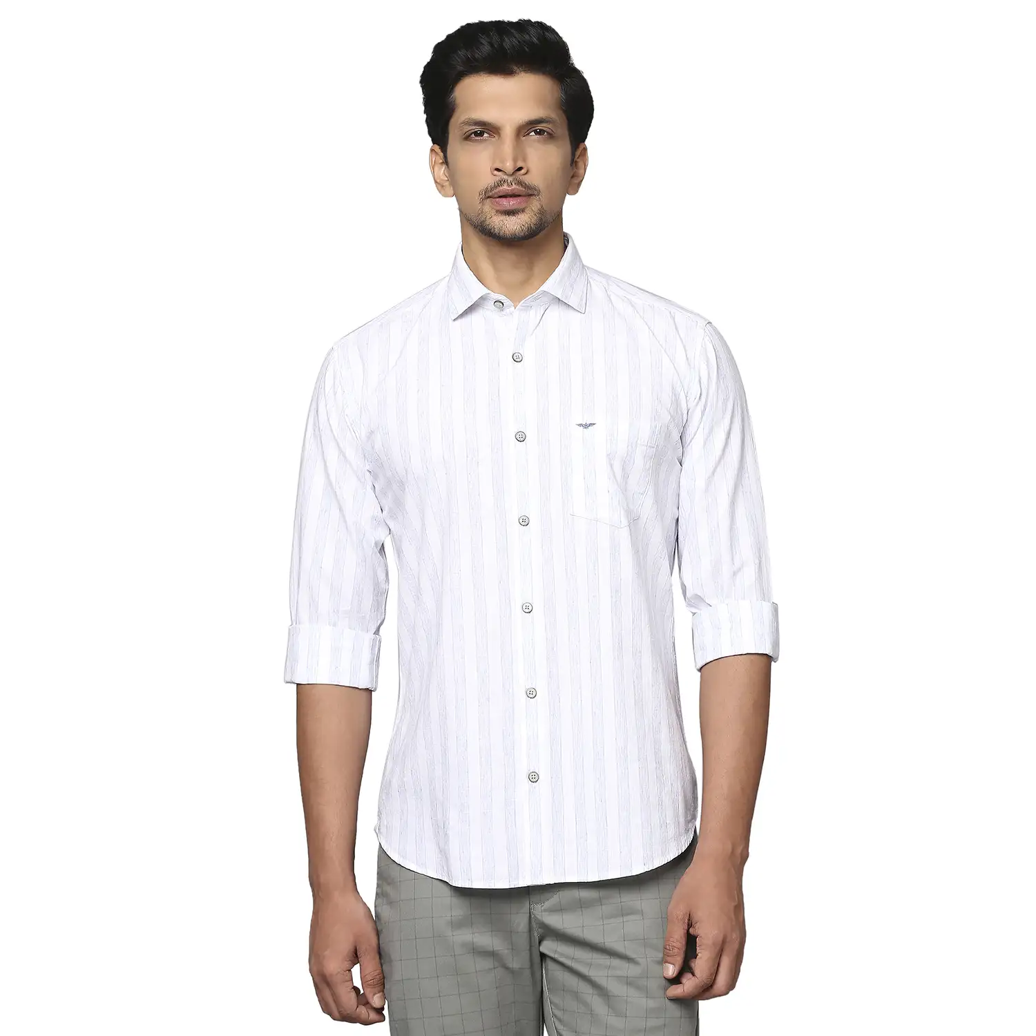 Men Blue Slim Fit Stripe Cotton Blend Cut Away Collar Shirts