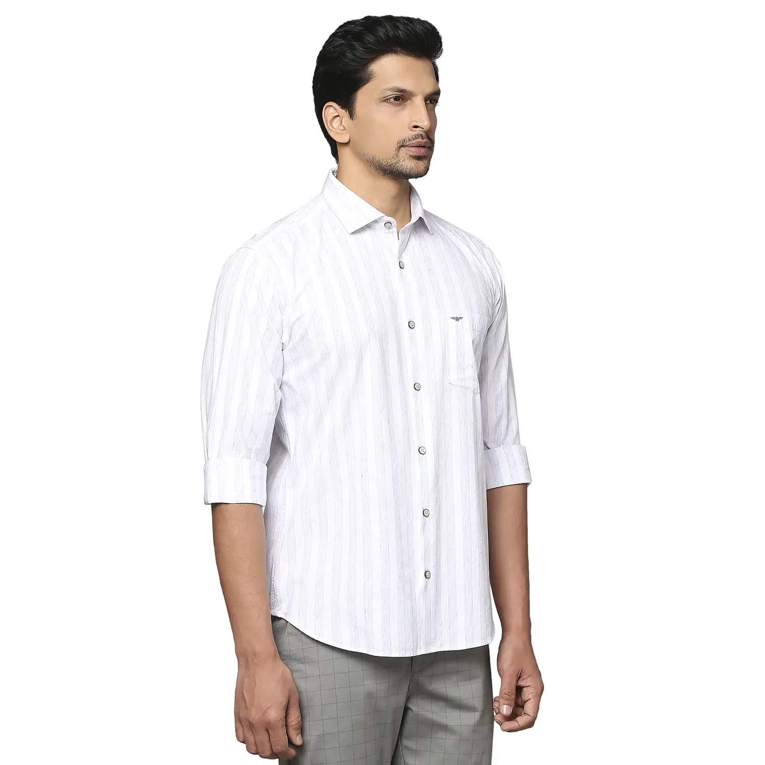 Men Blue Slim Fit Stripe Cotton Blend Cut Away Collar Shirts - Image 2