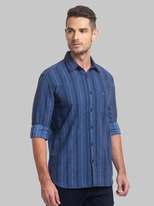 Men Blue Slim Fit Stripe Cotton Blend Full Sleeve Shirts - Image 2