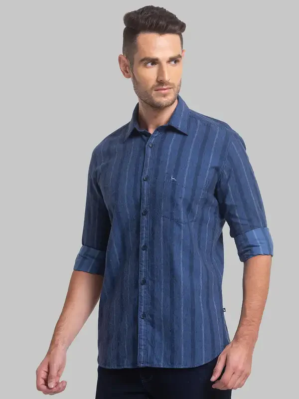 Men Blue Slim Fit Stripe Cotton Blend Full Sleeve Shirts - Image 3
