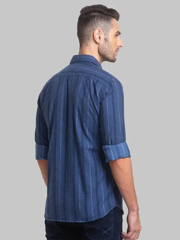 Men Blue Slim Fit Stripe Cotton Blend Full Sleeve Shirts - Image 4