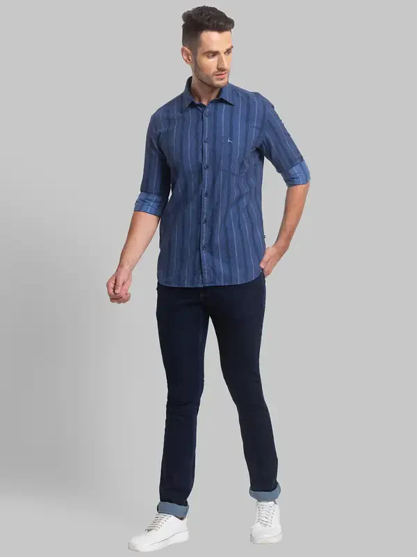 Men Blue Slim Fit Stripe Cotton Blend Full Sleeve Shirts - Image 5
