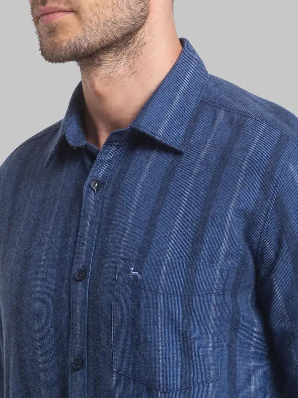 Men Blue Slim Fit Stripe Cotton Blend Full Sleeve Shirts - Image 6
