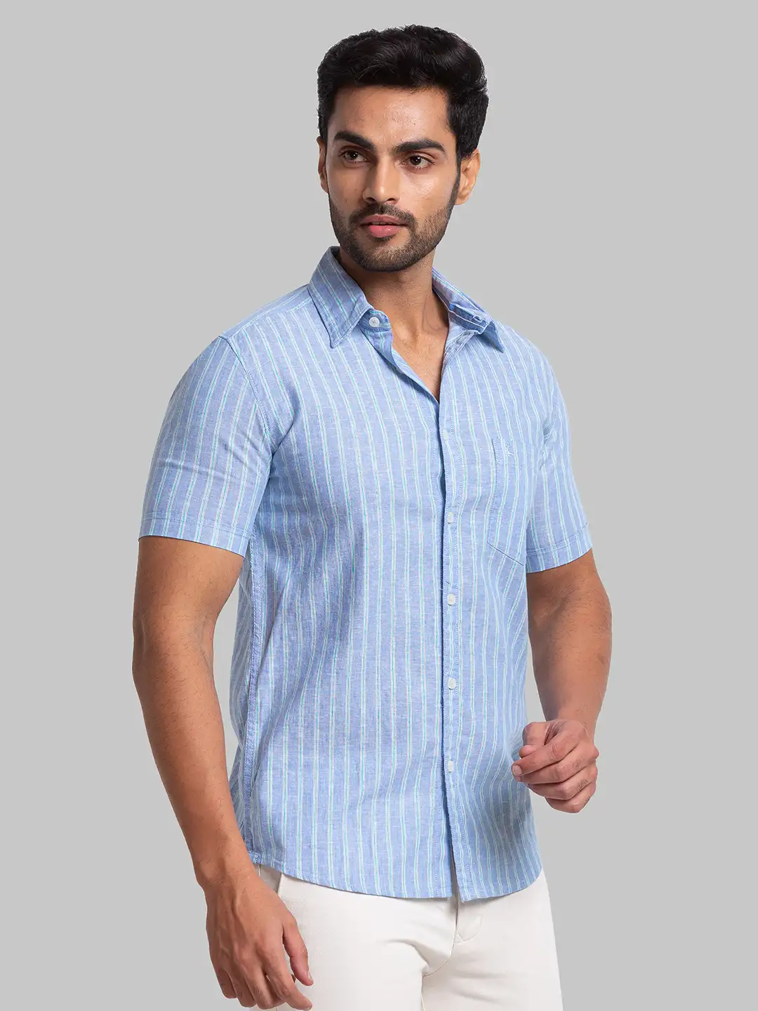 Men Blue Slim Fit Stripe Cotton Blend Half Sleeve Shirts - Image 3