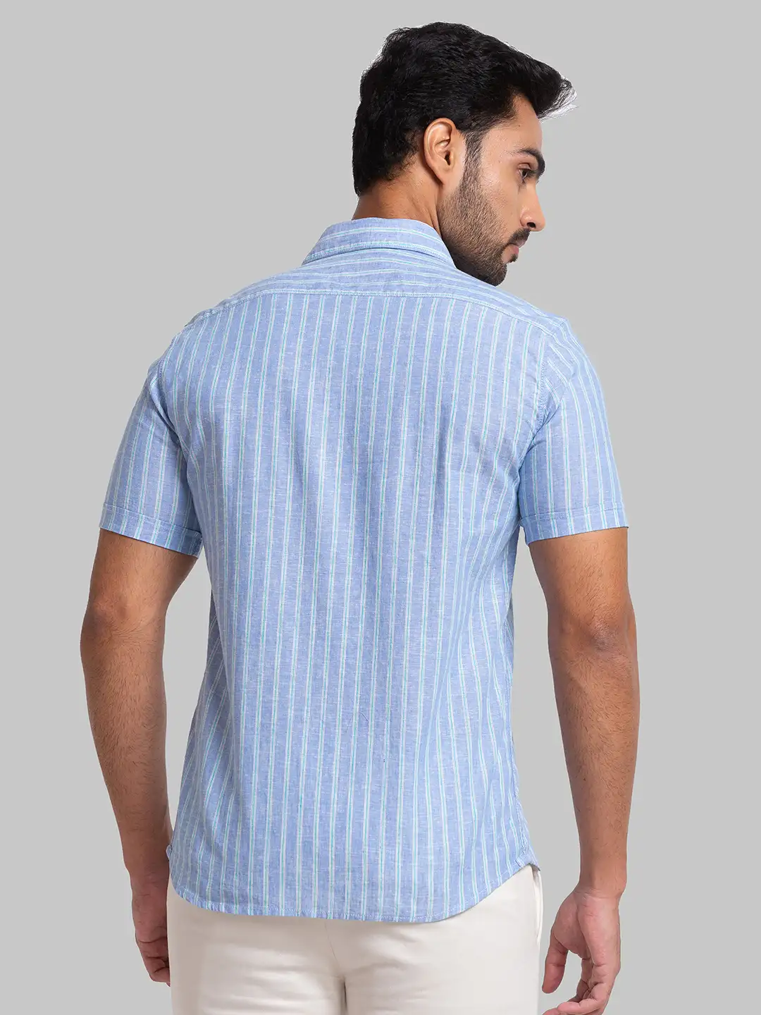 Men Blue Slim Fit Stripe Cotton Blend Half Sleeve Shirts - Image 4