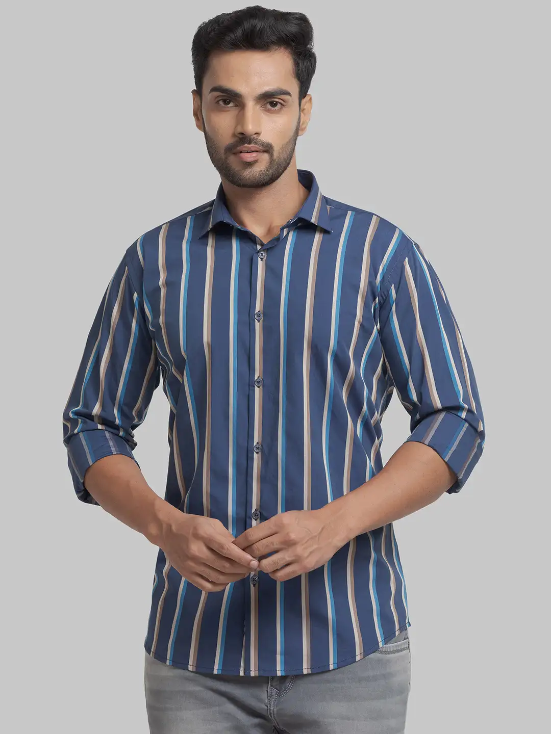 Men Blue Slim Fit Stripe Cotton Cut Away Collar Shirts