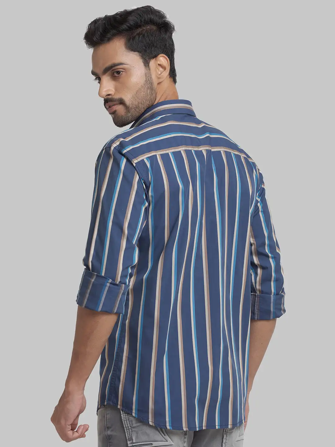 Men Blue Slim Fit Stripe Cotton Cut Away Collar Shirts - Image 4