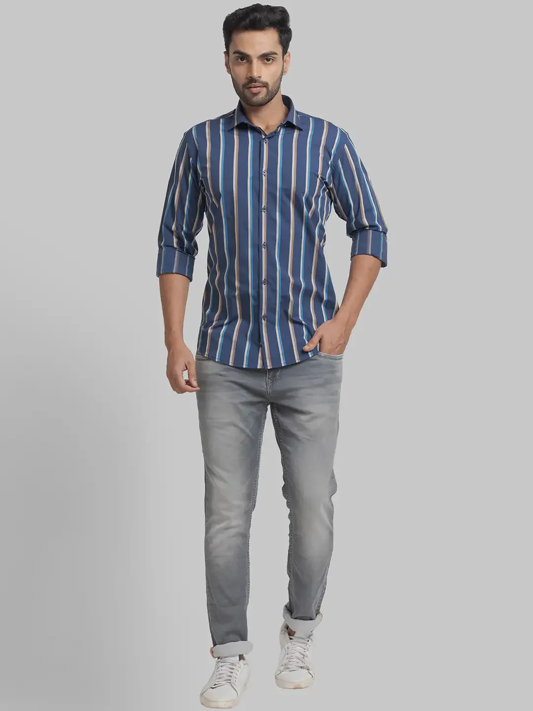 Men Blue Slim Fit Stripe Cotton Cut Away Collar Shirts - Image 5