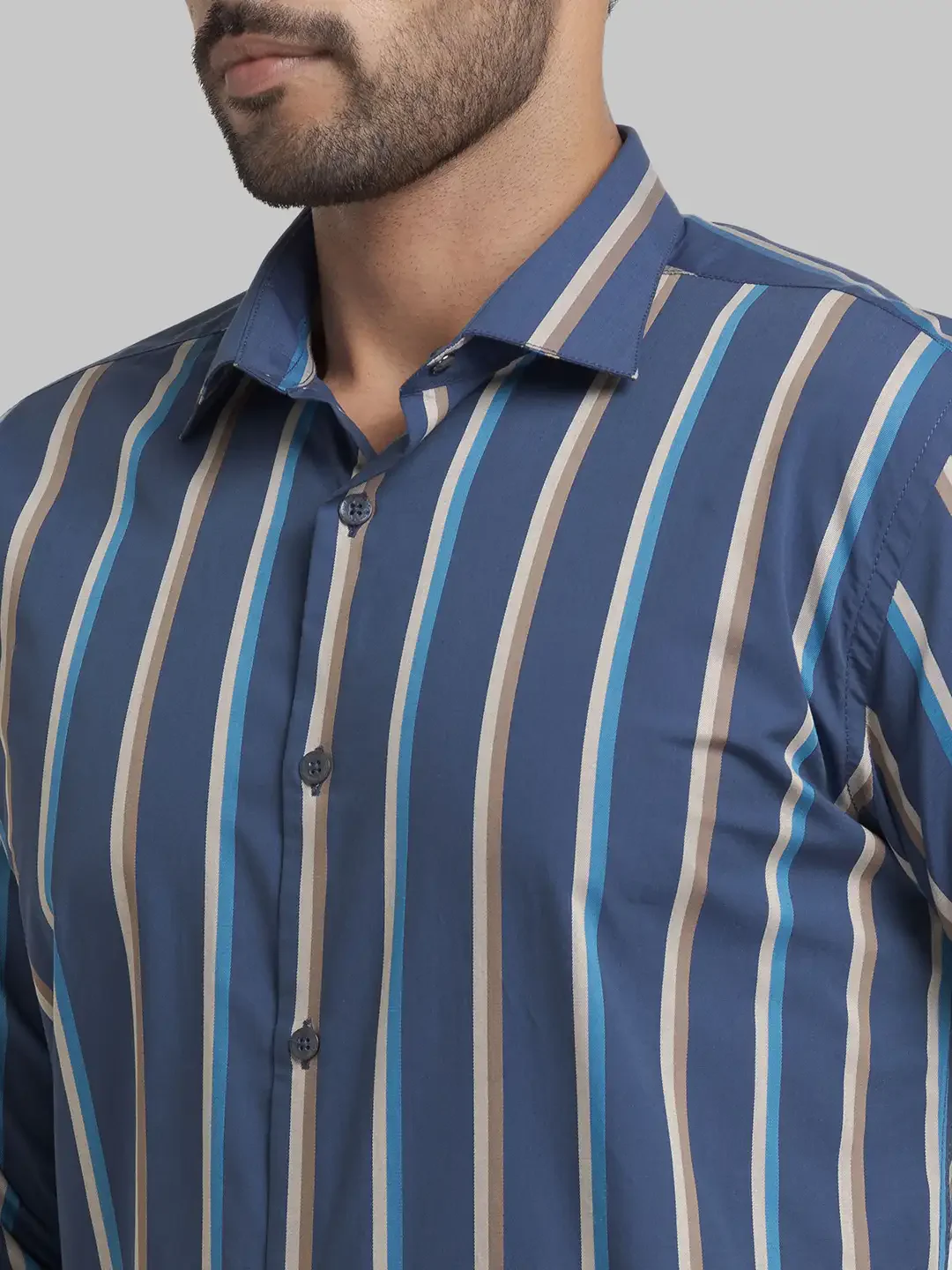 Men Blue Slim Fit Stripe Cotton Cut Away Collar Shirts - Image 6