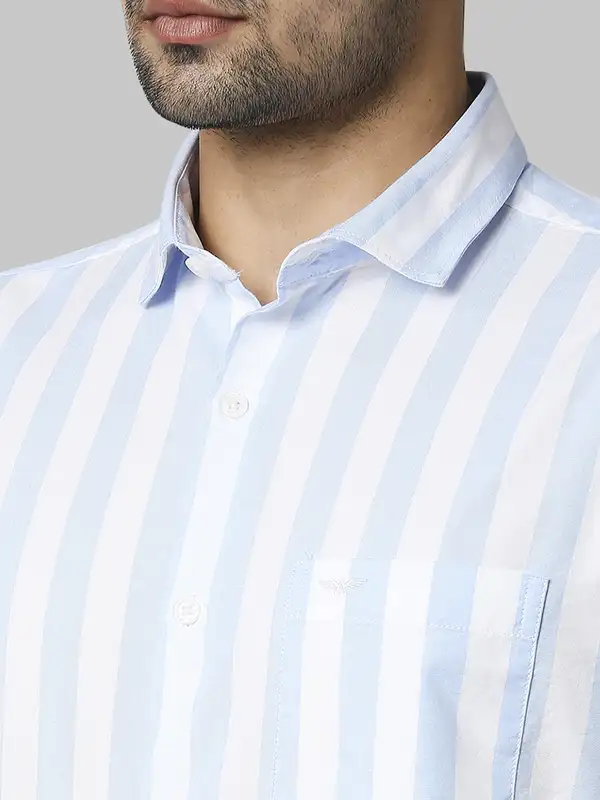 Men Blue Slim Fit Stripe Cotton Cut Away Collar Shirts - Image 6