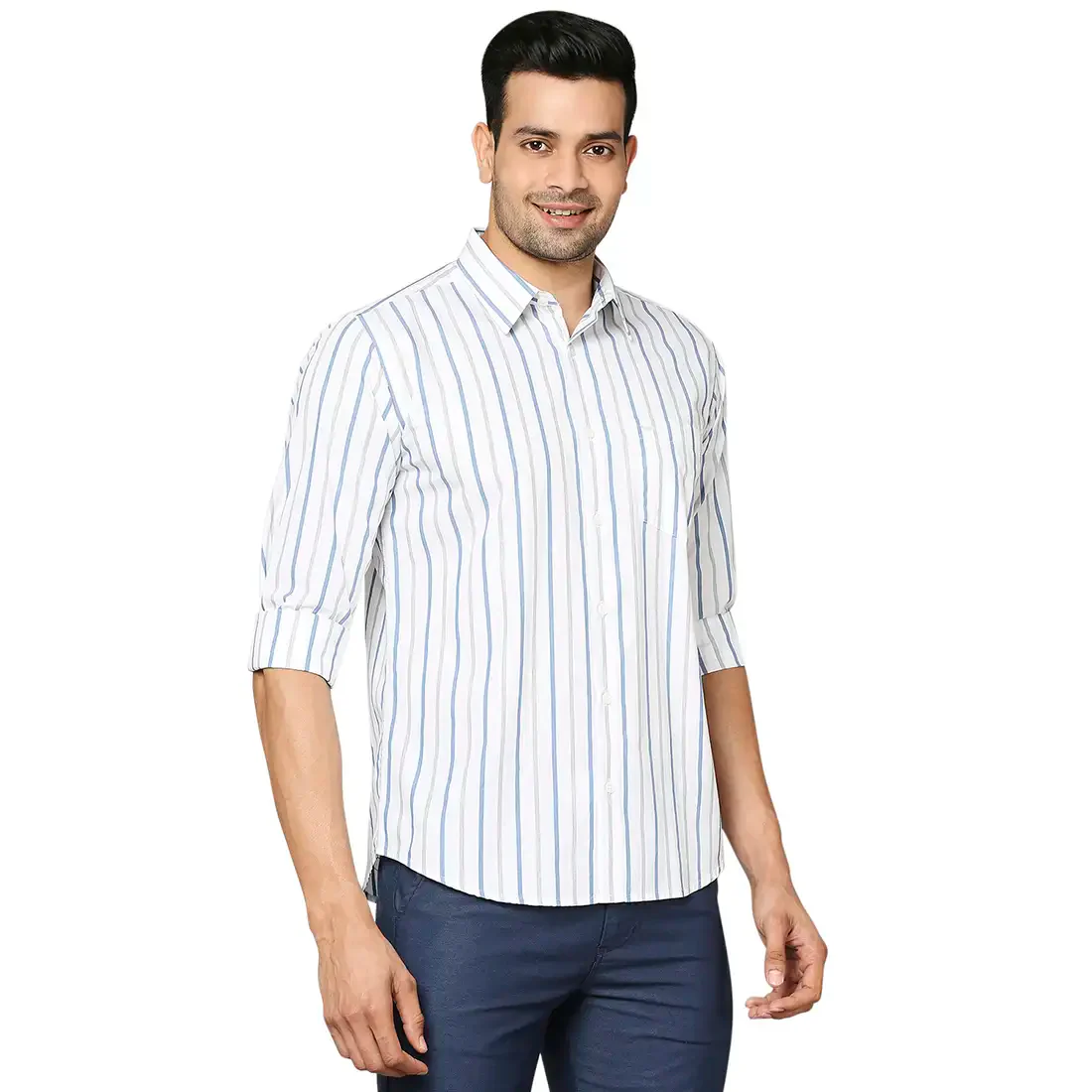 Men Blue Slim Fit Stripe Cotton Cut Away Collar Shirts - Image 2