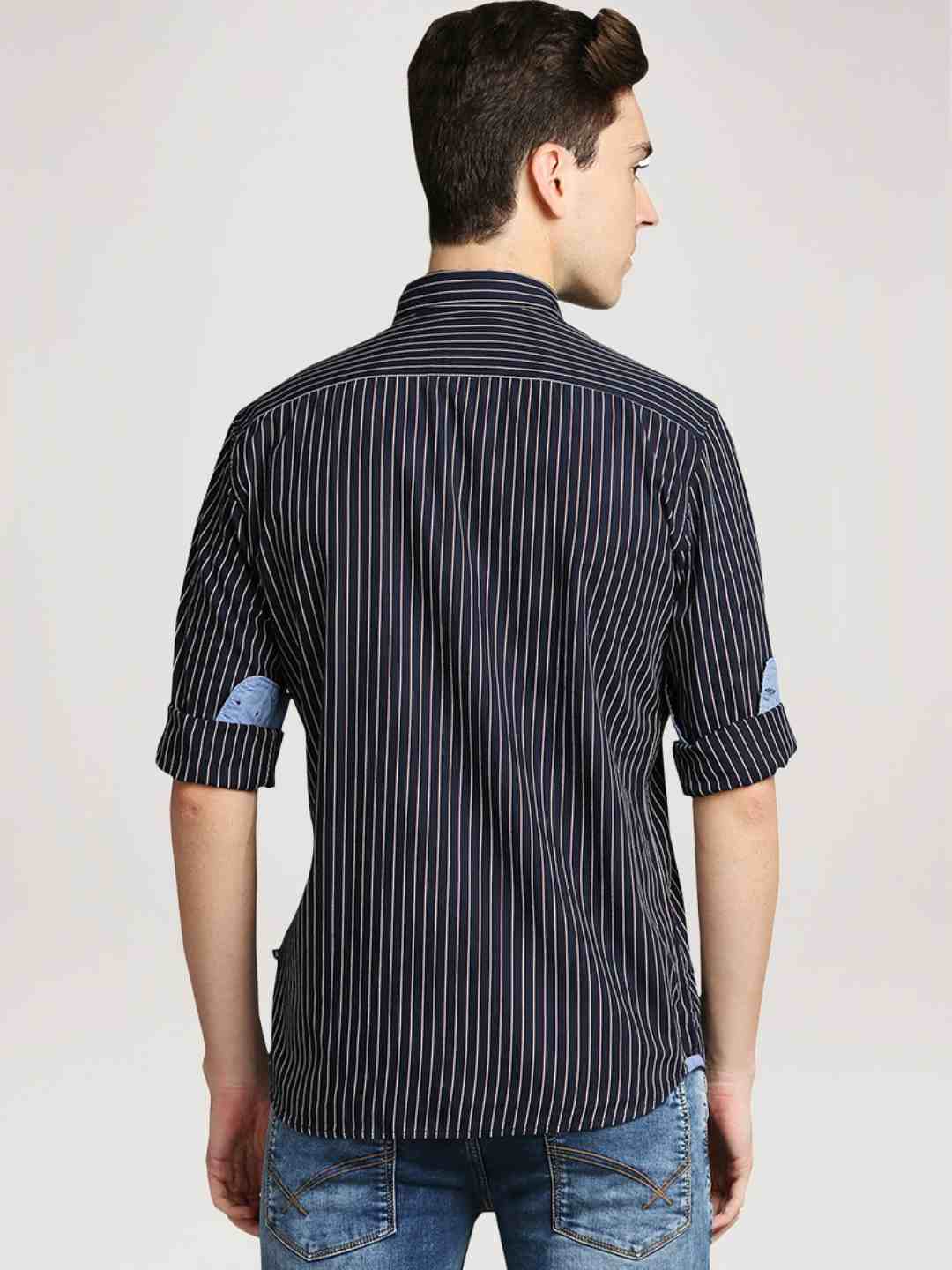 Men Blue Slim Fit Stripe Cotton Full Sleeve Shirts - Image 3
