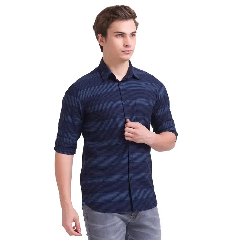 Men Blue Slim Fit Stripe Cotton Full Sleeve Shirts - Image 2