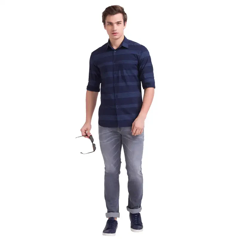 Men Blue Slim Fit Stripe Cotton Full Sleeve Shirts - Image 5