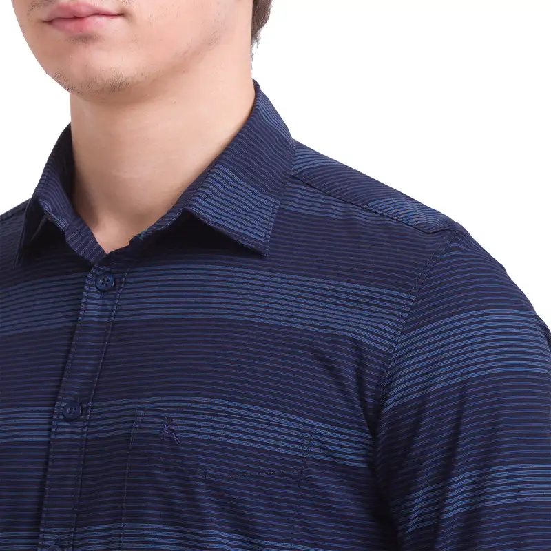 Men Blue Slim Fit Stripe Cotton Full Sleeve Shirts - Image 6