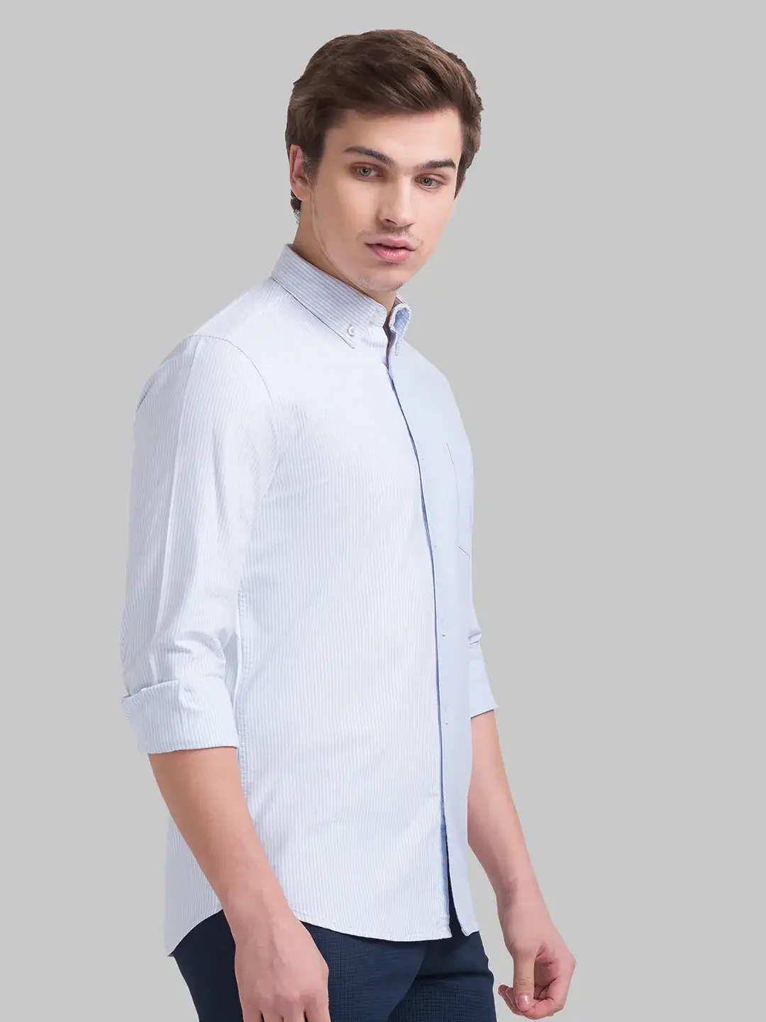 Men Blue Slim Fit Stripe Cotton Full Sleeve Shirts - Image 2