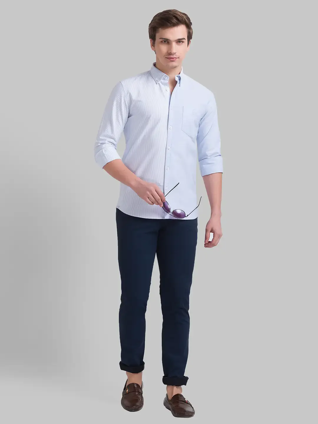Men Blue Slim Fit Stripe Cotton Full Sleeve Shirts - Image 5