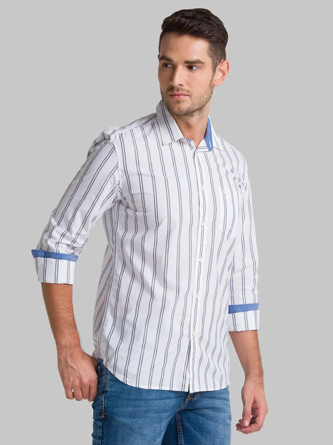 Men Blue Slim Fit Stripe Cotton Full Sleeve Shirts - Image 2