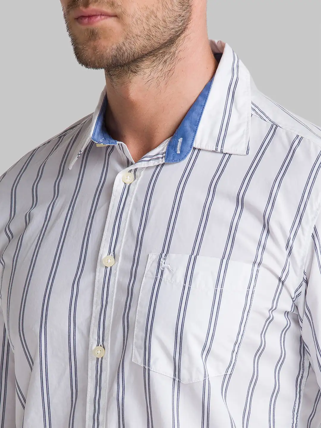 Men Blue Slim Fit Stripe Cotton Full Sleeve Shirts - Image 6