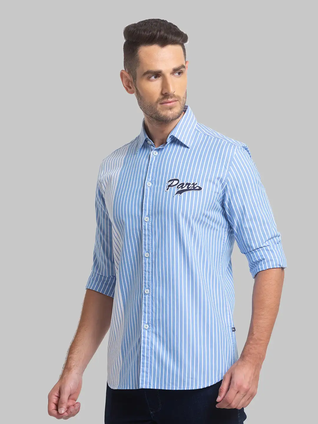 Men Blue Slim Fit Stripe Cotton Full Sleeve Shirts - Image 3