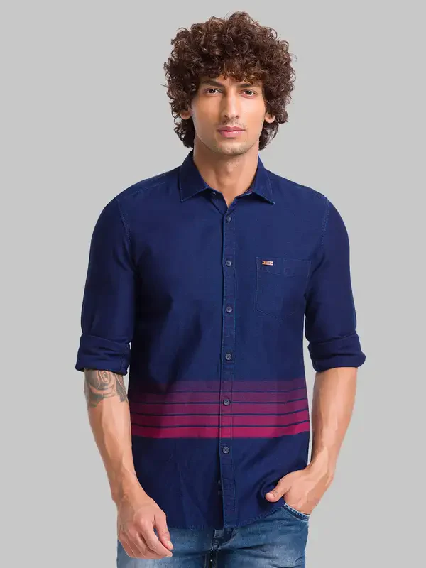 Men Blue Slim Fit Stripe Cotton Full Sleeve Shirts