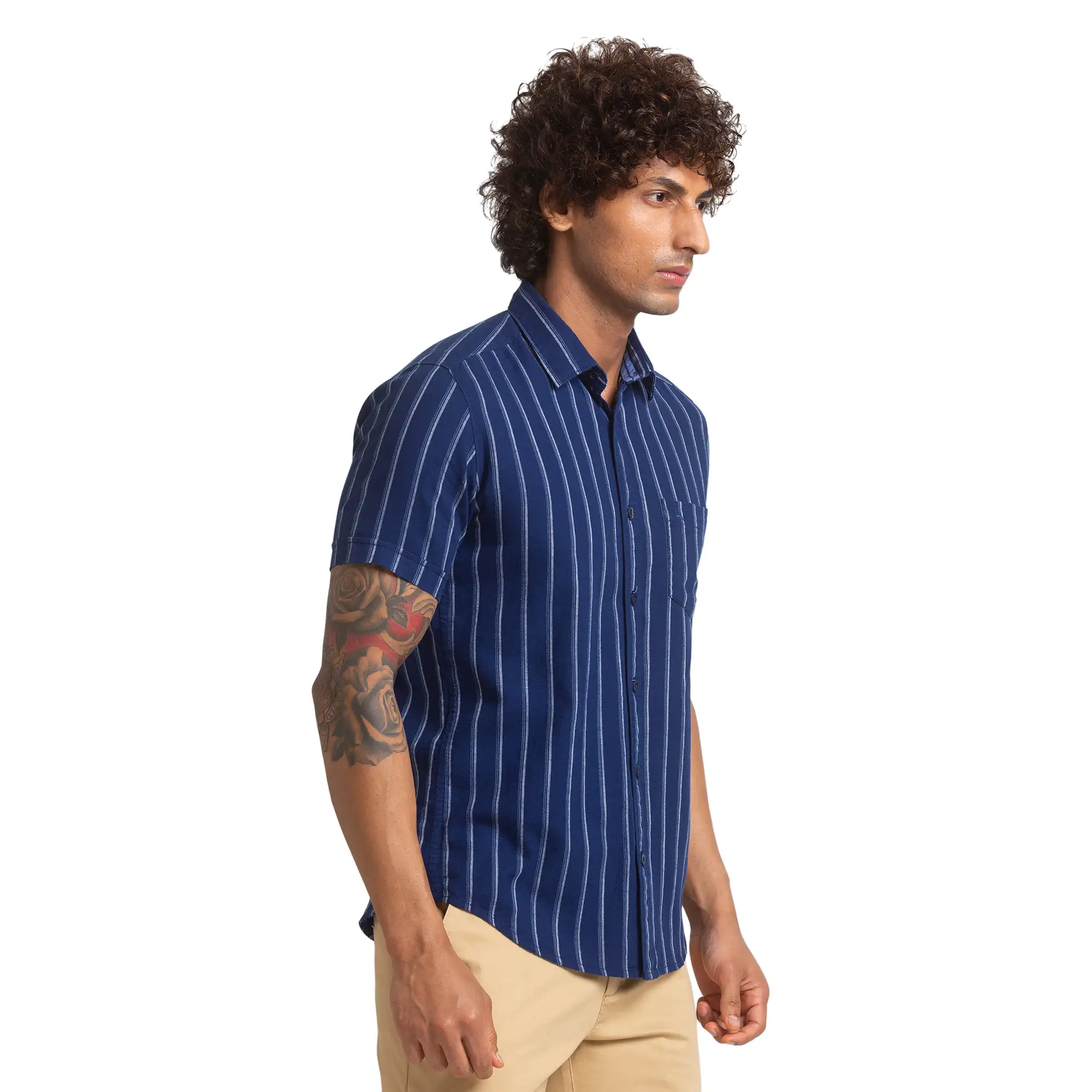 Men Blue Slim Fit Stripe Cotton Half Sleeve Shirts - Image 2