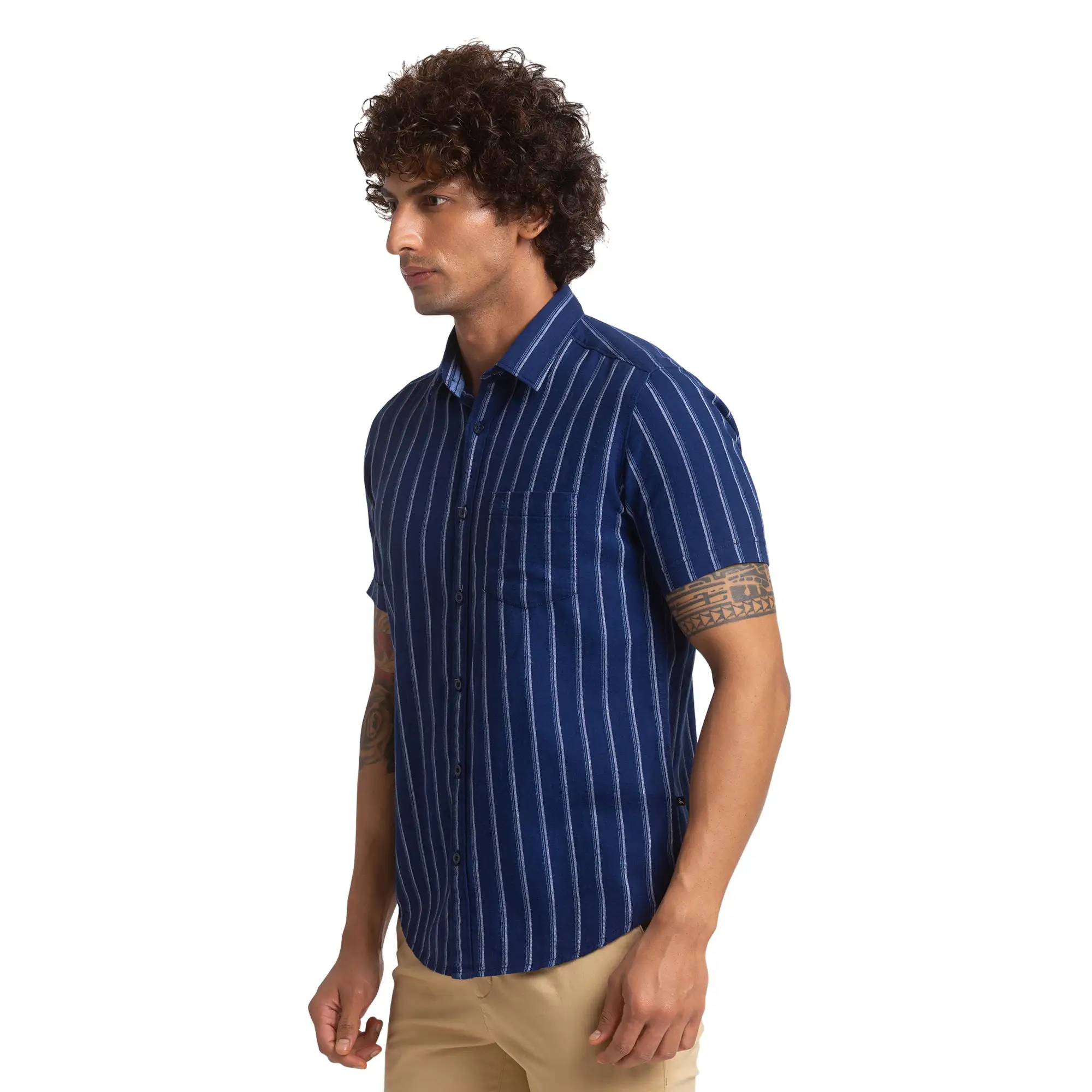 Men Blue Slim Fit Stripe Cotton Half Sleeve Shirts - Image 3