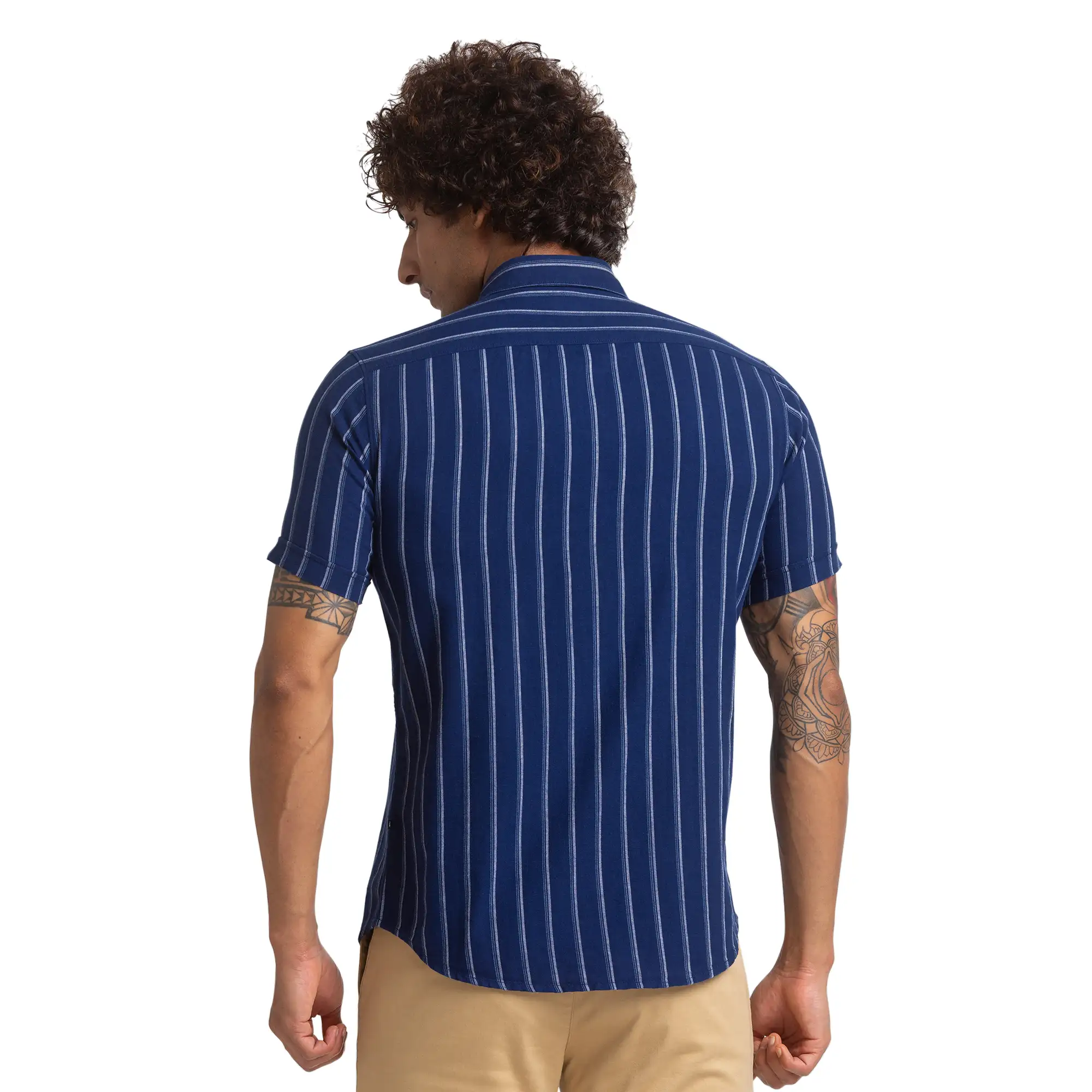 Men Blue Slim Fit Stripe Cotton Half Sleeve Shirts - Image 4
