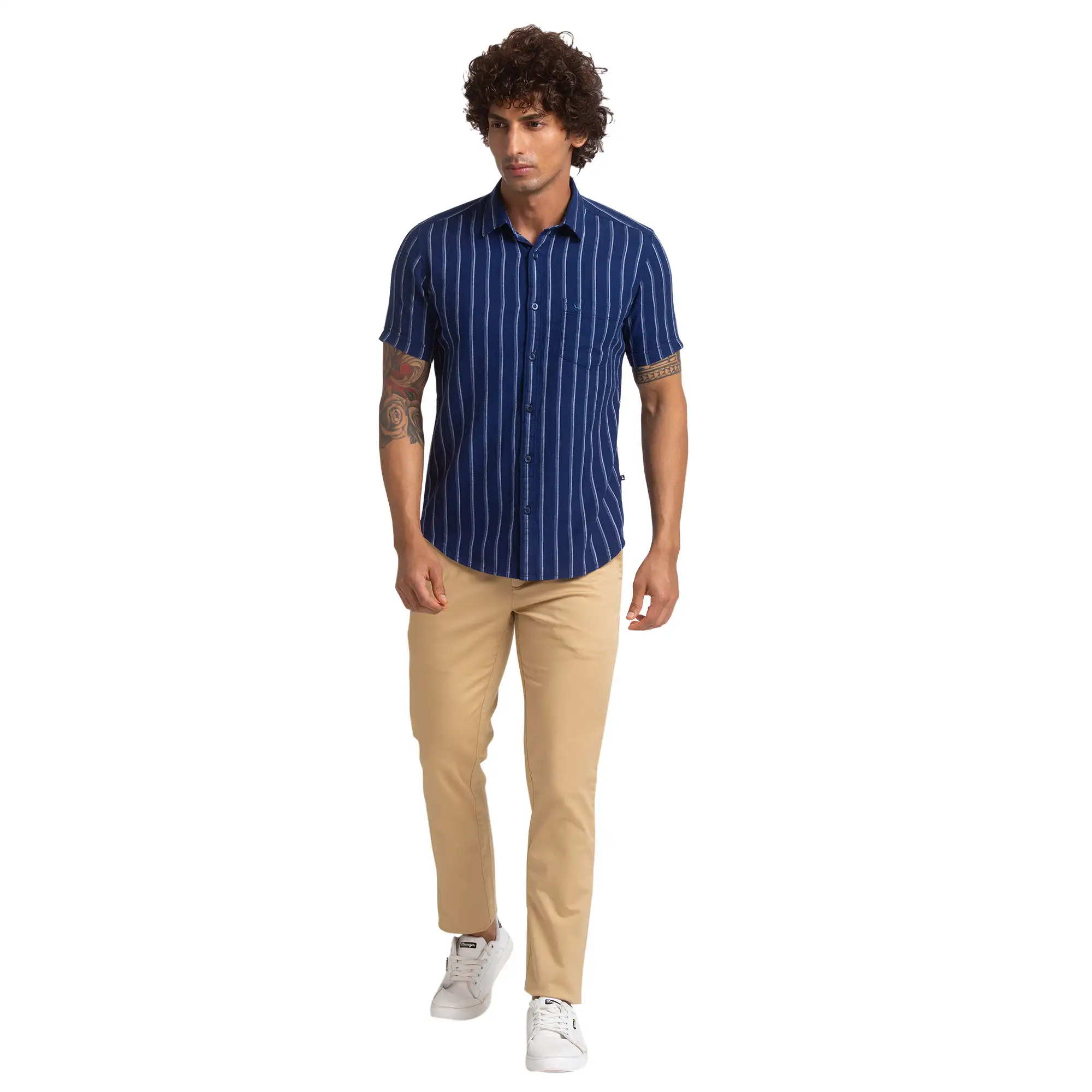 Men Blue Slim Fit Stripe Cotton Half Sleeve Shirts - Image 5