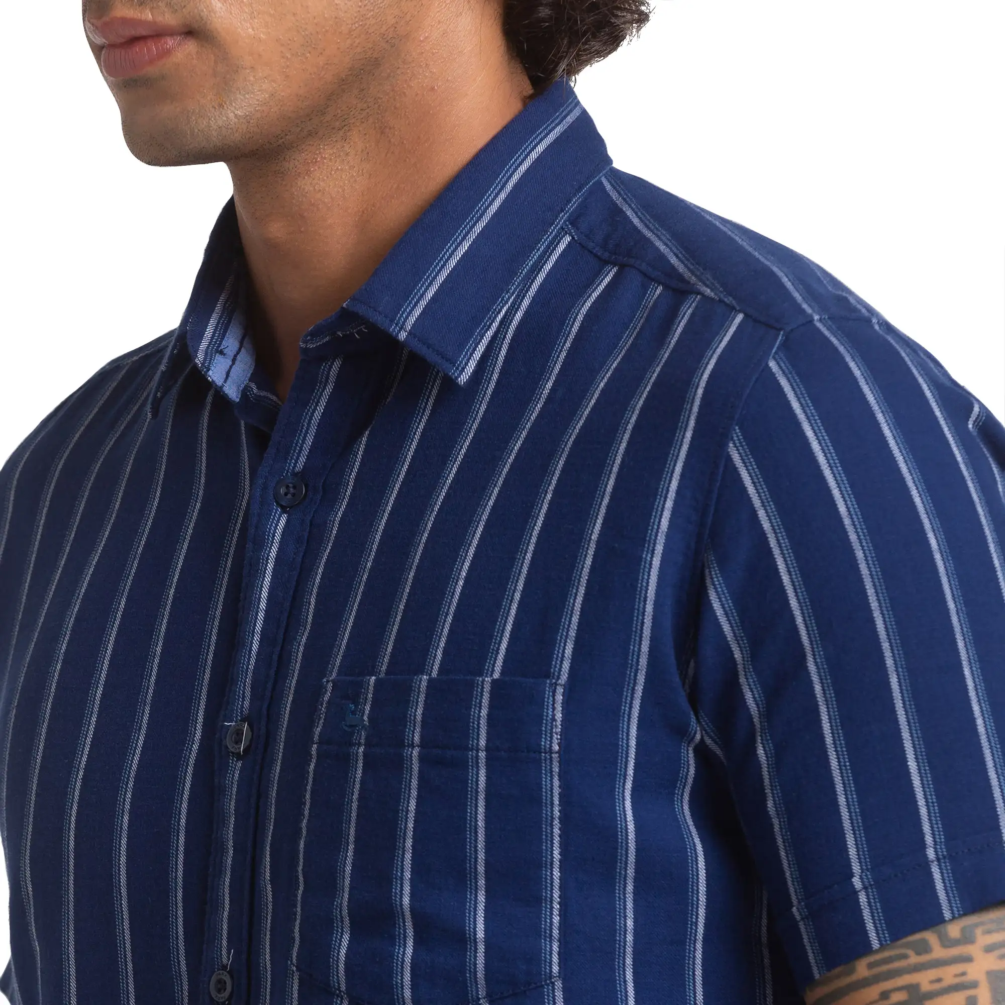Men Blue Slim Fit Stripe Cotton Half Sleeve Shirts - Image 6