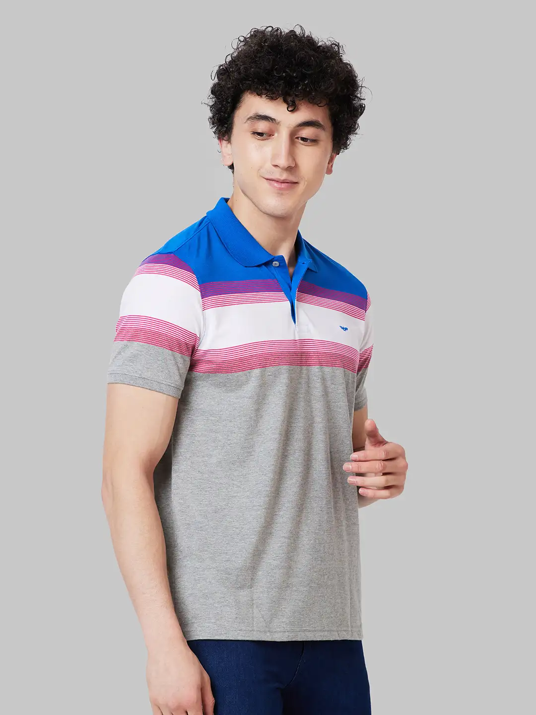 Men Blue Slim Fit Stripe Cotton Polyester Blend Round Neck Collar Polo T-Shirt - Image 2
