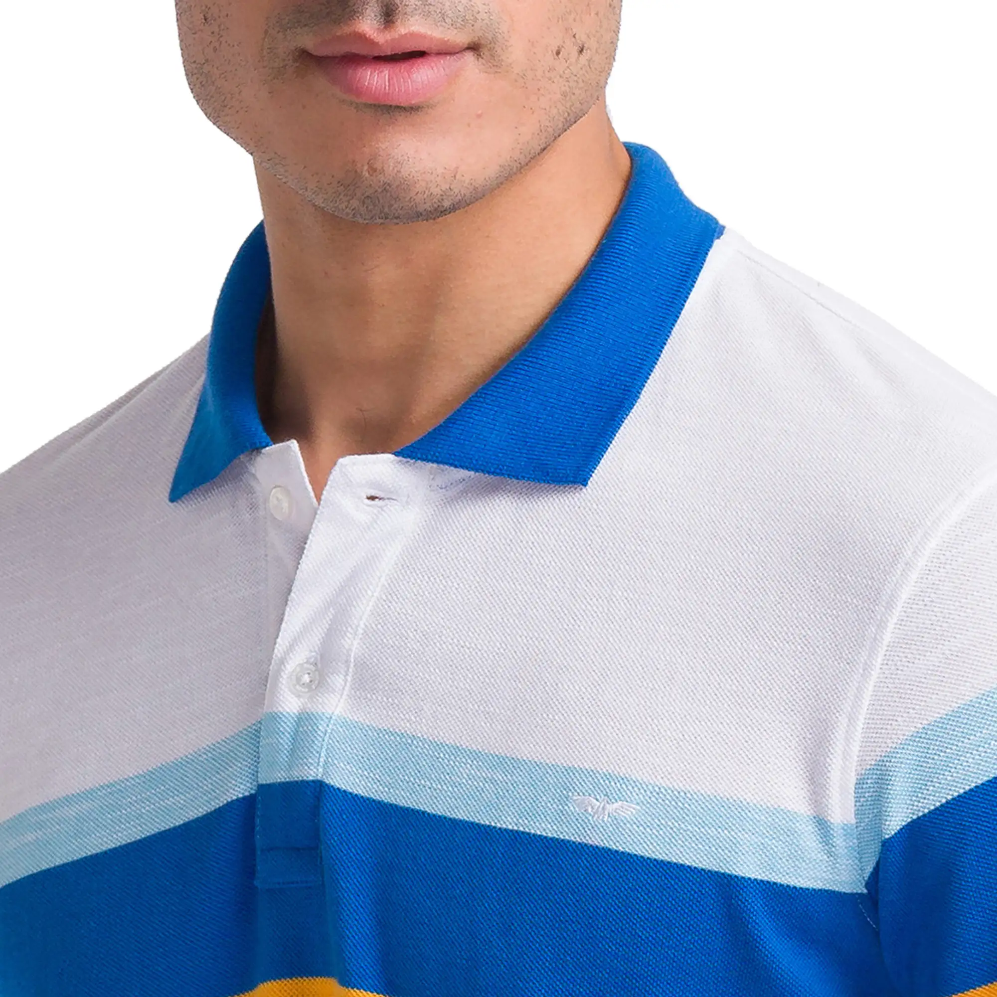 Men Blue Slim Fit Stripe Cotton Polyester Blend Round Neck Collar Polo T-Shirt - Image 6