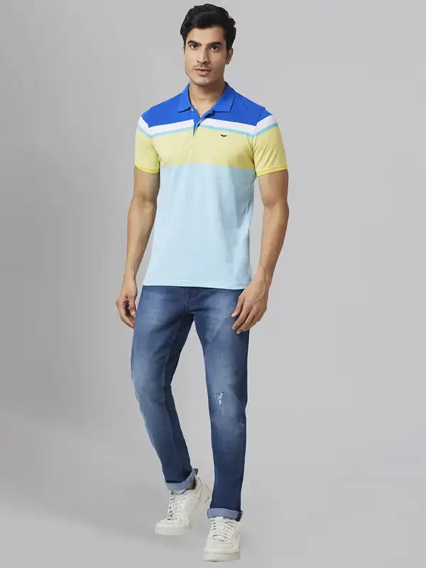 Men Blue Slim Fit Stripe Cotton Polyester Blend Round Neck Collar Polo T-Shirt - Image 5