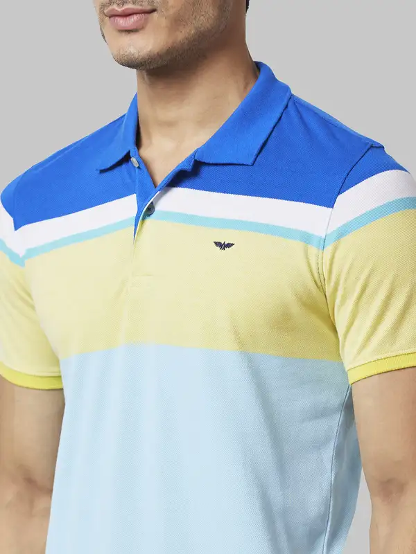 Men Blue Slim Fit Stripe Cotton Polyester Blend Round Neck Collar Polo T-Shirt - Image 6