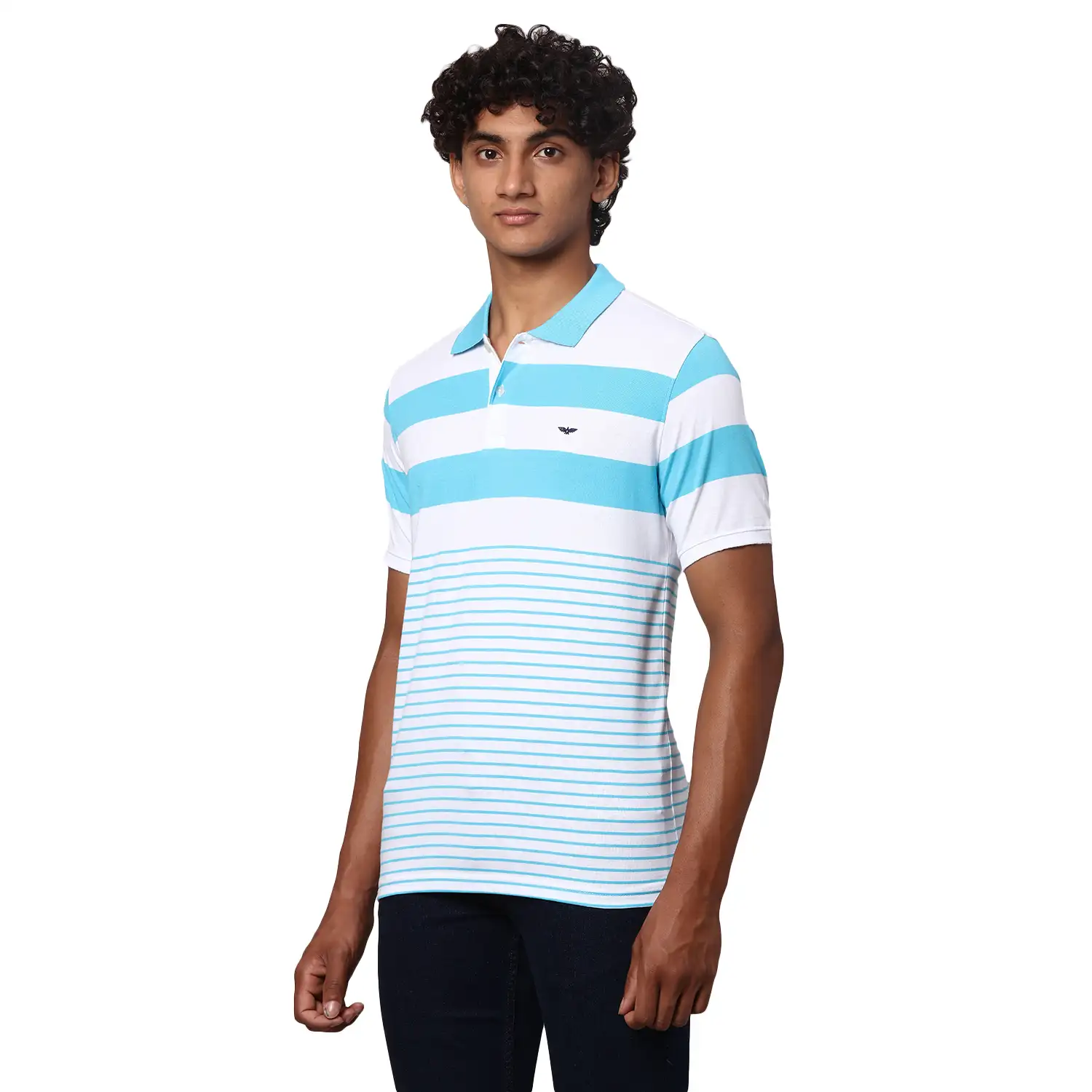 Park Avenue Men Blue Slim Fit Stripe Polo Neck Collar T-Shirt - Image 3