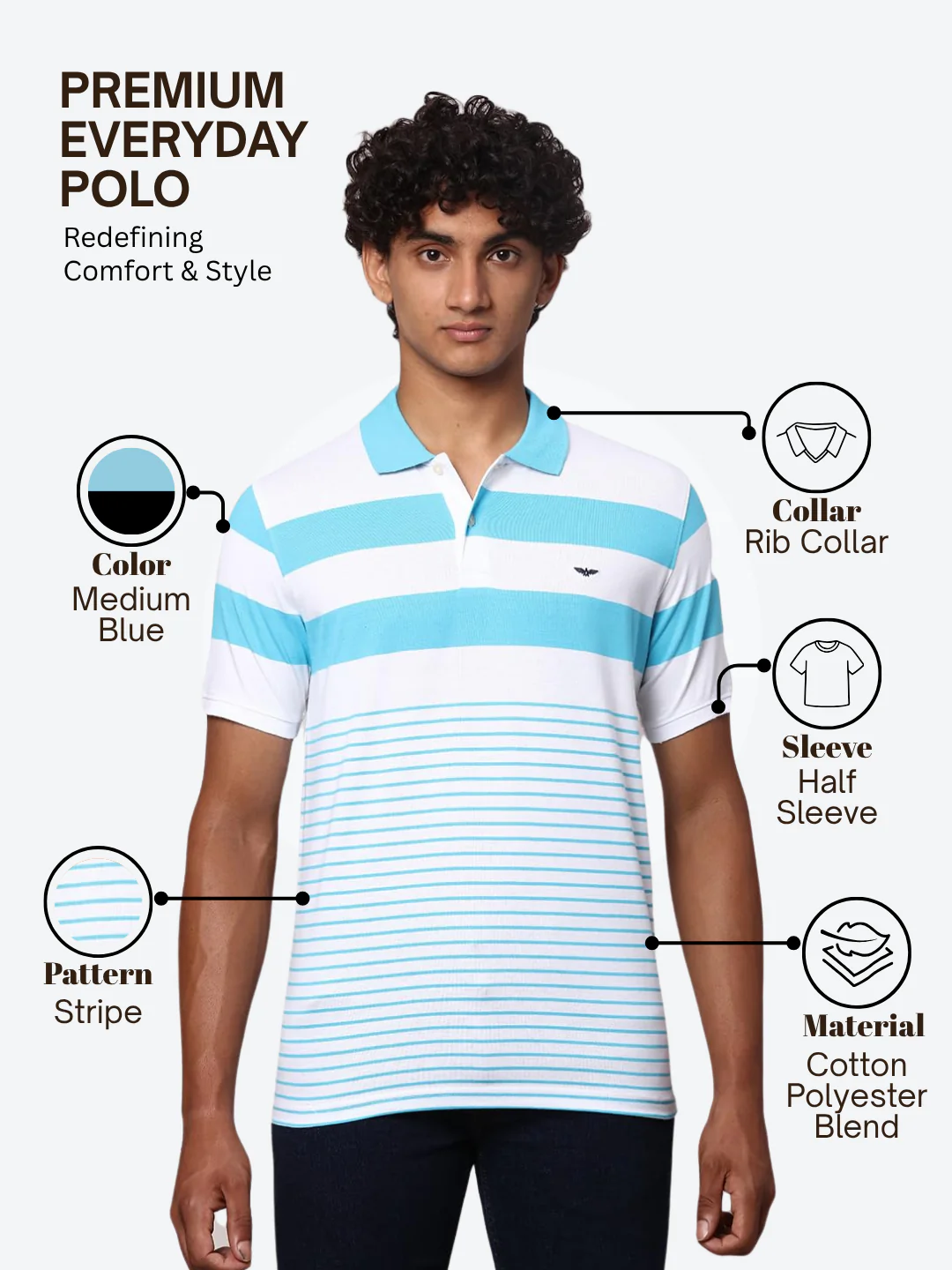 Park Avenue Men Blue Slim Fit Stripe Polo Neck Collar T-Shirt - Image 4