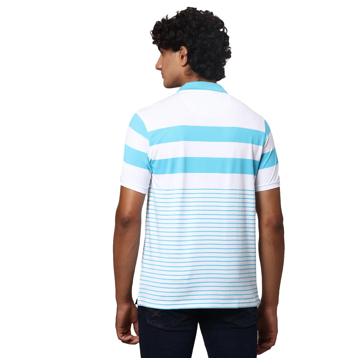 Park Avenue Men Blue Slim Fit Stripe Polo Neck Collar T-Shirt - Image 5