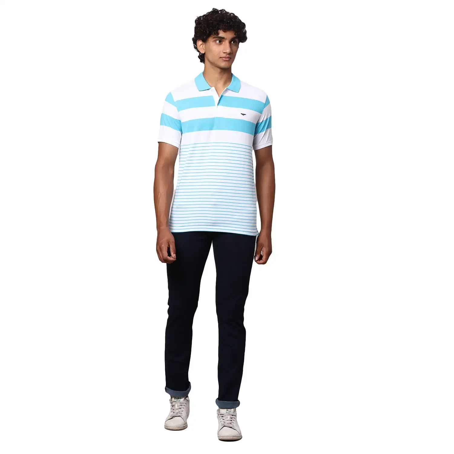 Park Avenue Men Blue Slim Fit Stripe Polo Neck Collar T-Shirt - Image 6