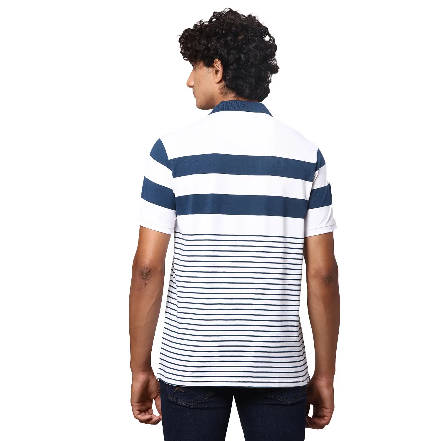 Park Avenue Men Blue Slim Fit Stripe Polo Neck Collar T-Shirt - Image 4